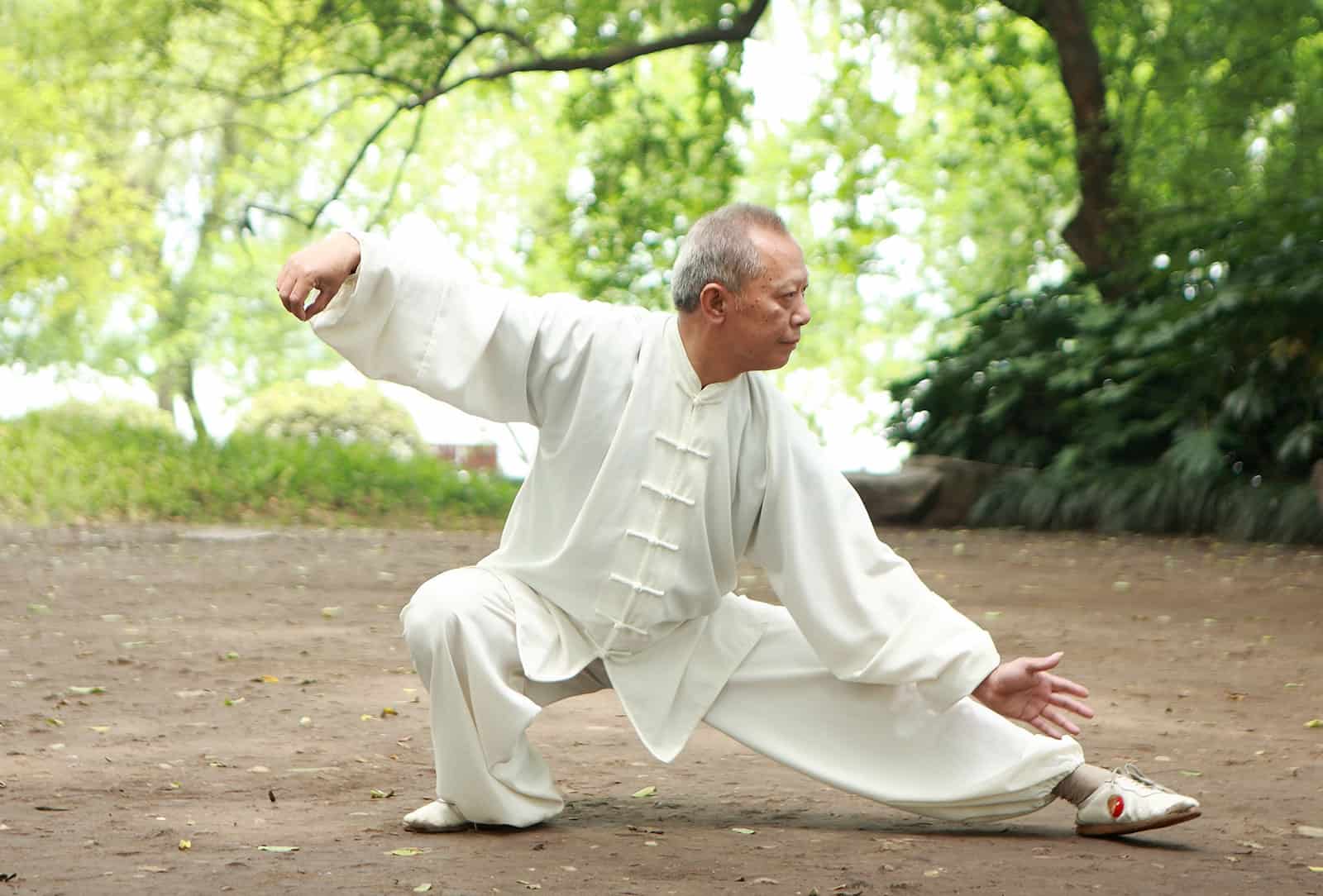  An elderly man practices Tai Chi in a park for health and wellness.